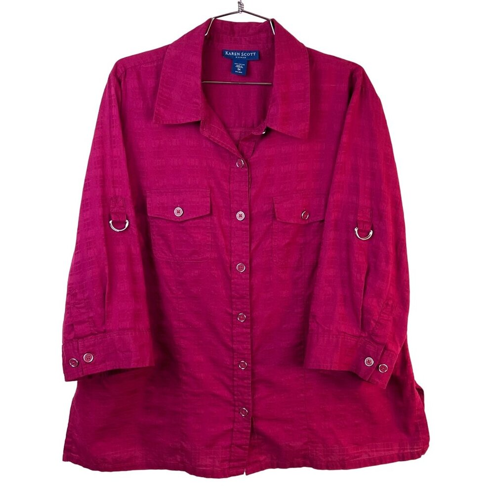 Karen Scott Size 1X Womens Raspberry Textured 3/4 Sleeve Button-Up Shirt Pockets